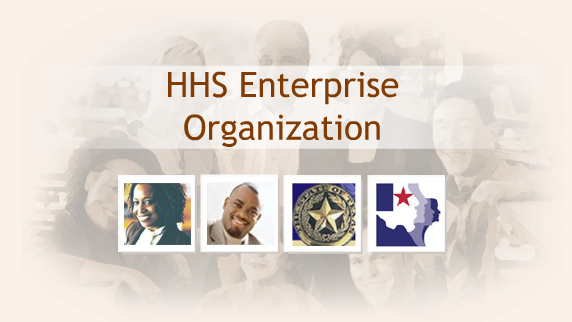 HHS Enterprise Organization title screen showing collage of images: a group of employees, a woman, a man, State of Texas seal, and HHS system logo